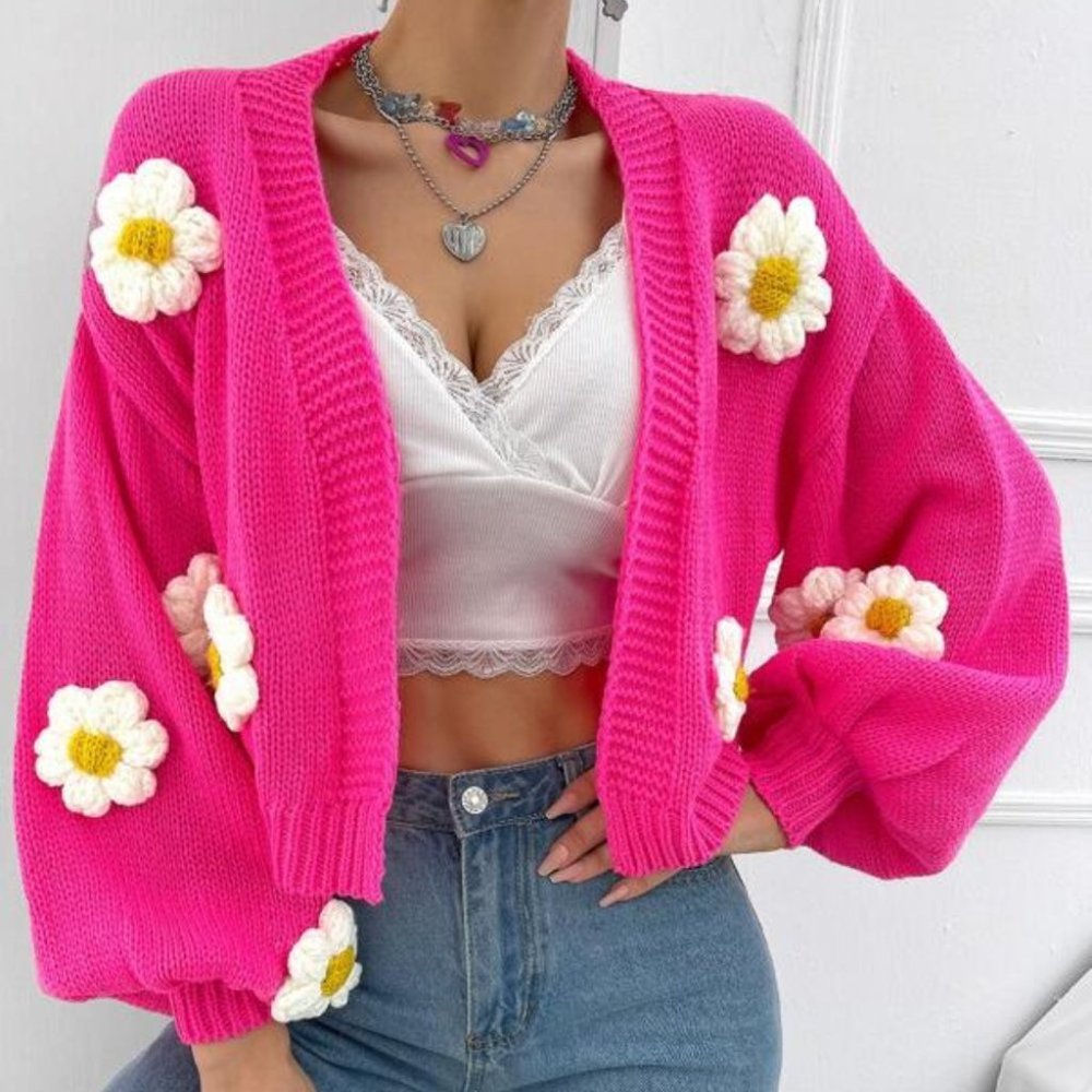 Hot Pink Floral Bishop Sleeved Sweater Cardigan - Picture 2 of 8